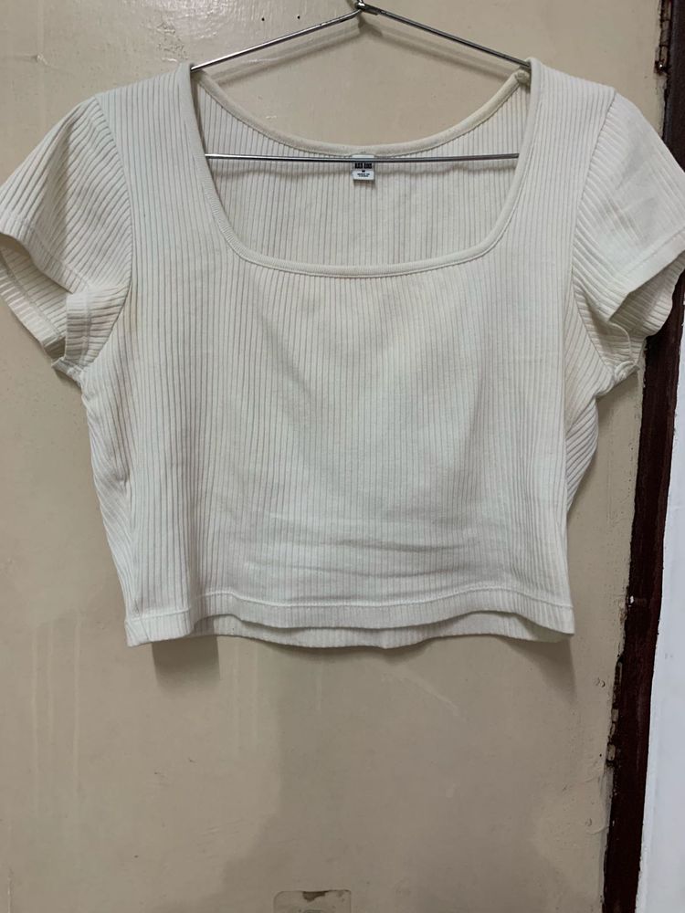Cream Ribbed Square Neck Crop Top