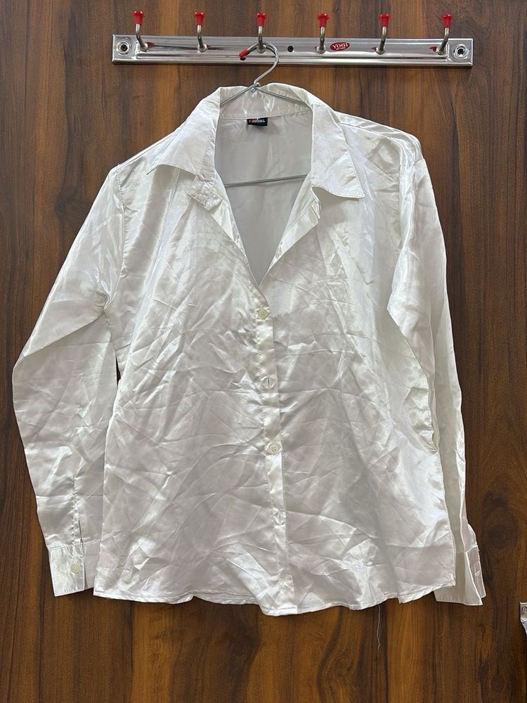 Shiny White satin Button-Up Shirt