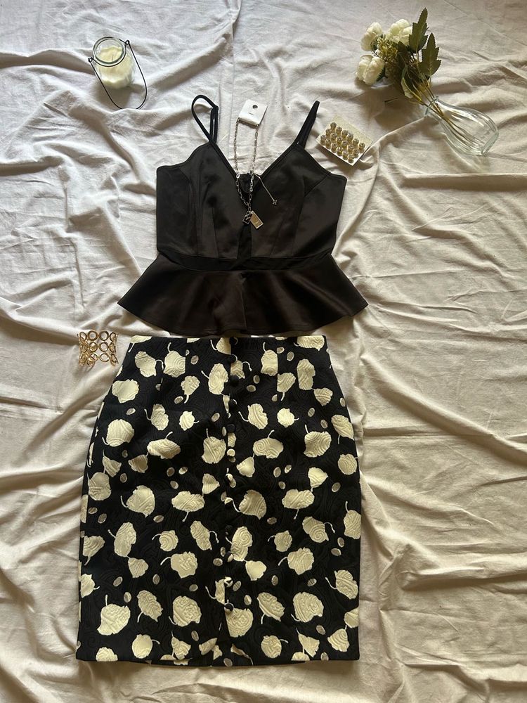 Chic Black Peplum Top &amp; Printed Skirt Set