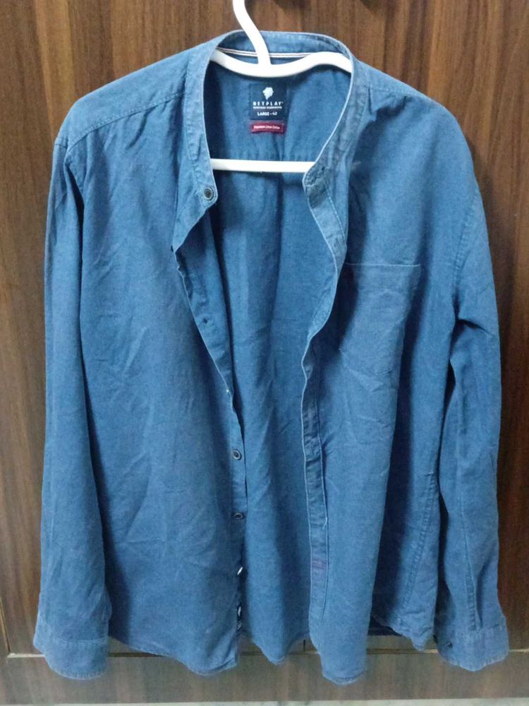 Men's Blue Band Collar Linen Shirt