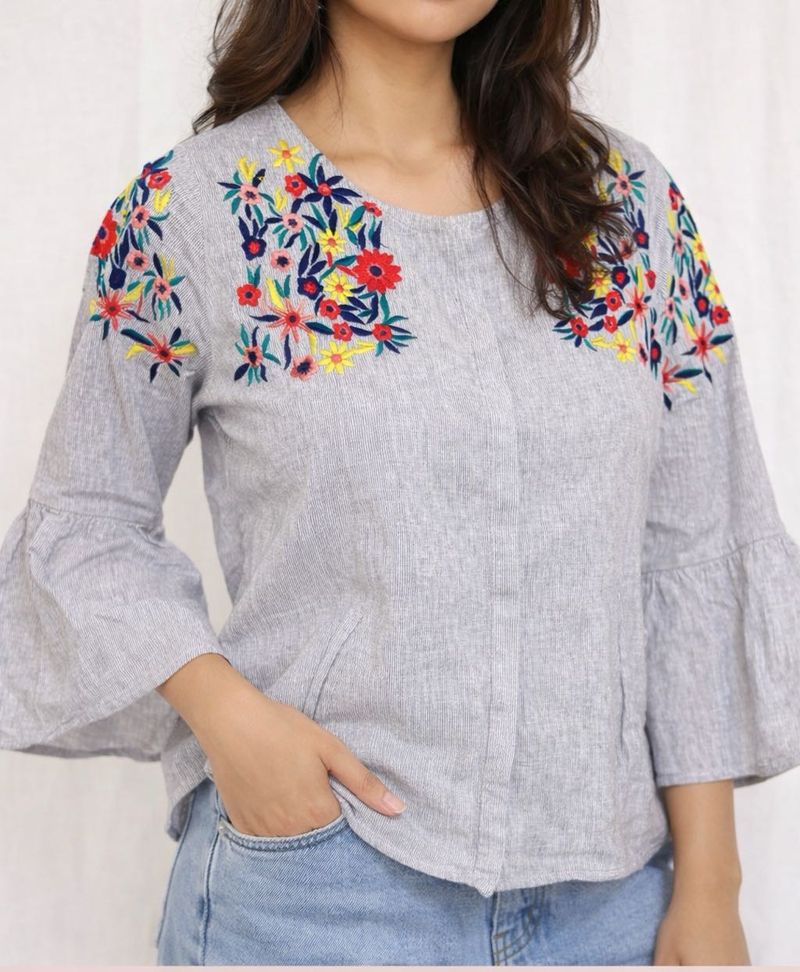 Floral Embroidered Striped Blouse
