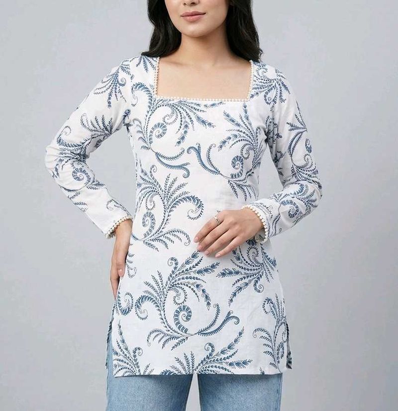 White Kurta with Blue Floral Print