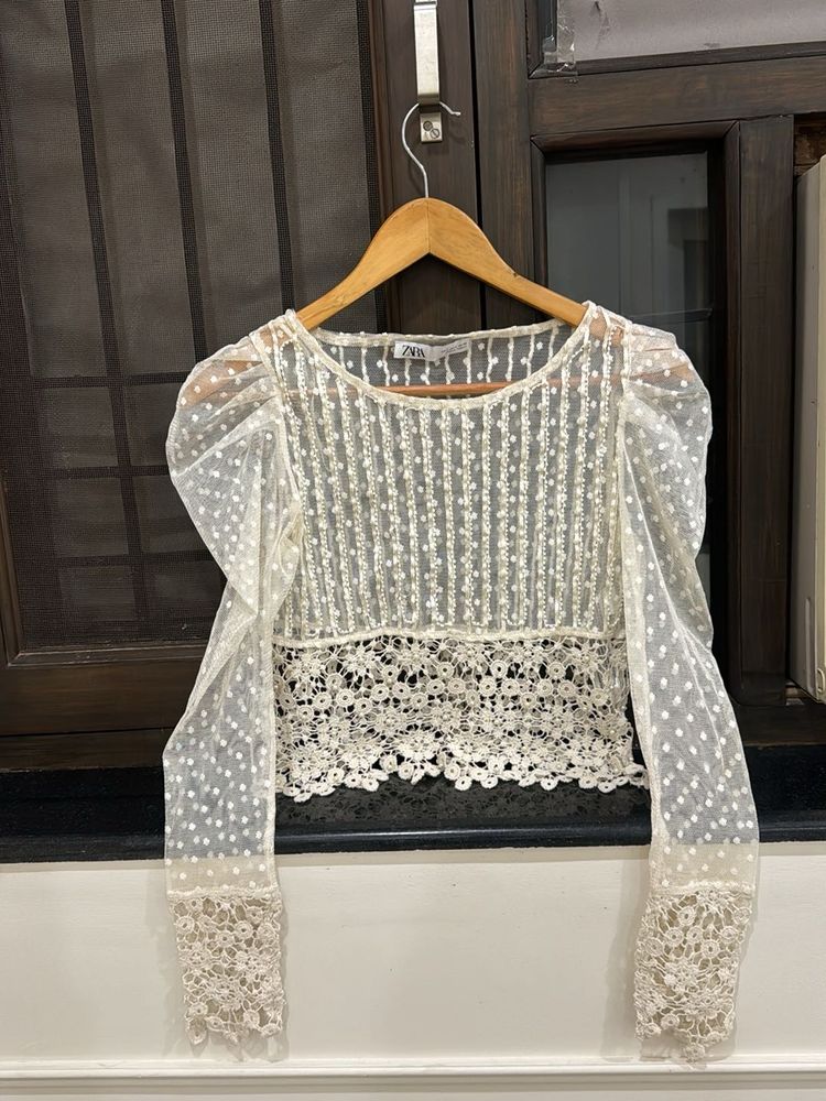 Sheer Lace Puff Sleeve Top - Size S