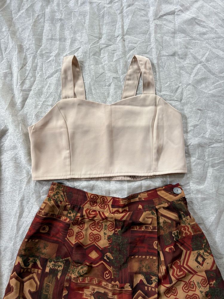 Stylish Beige Crop Top with Printed Skirt Set