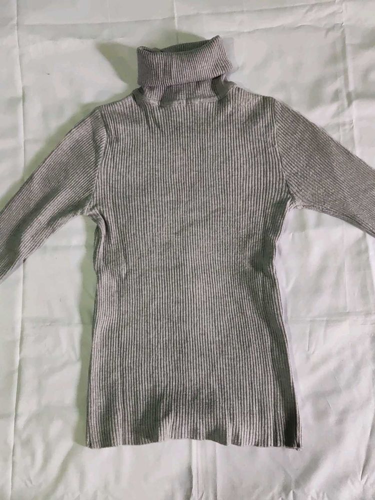 Grey Ribbed Turtleneck Sweater
