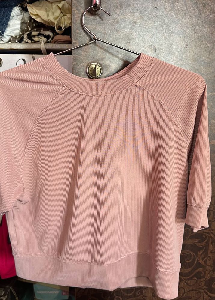 Pink Ribbed Cropped Sweatshirt