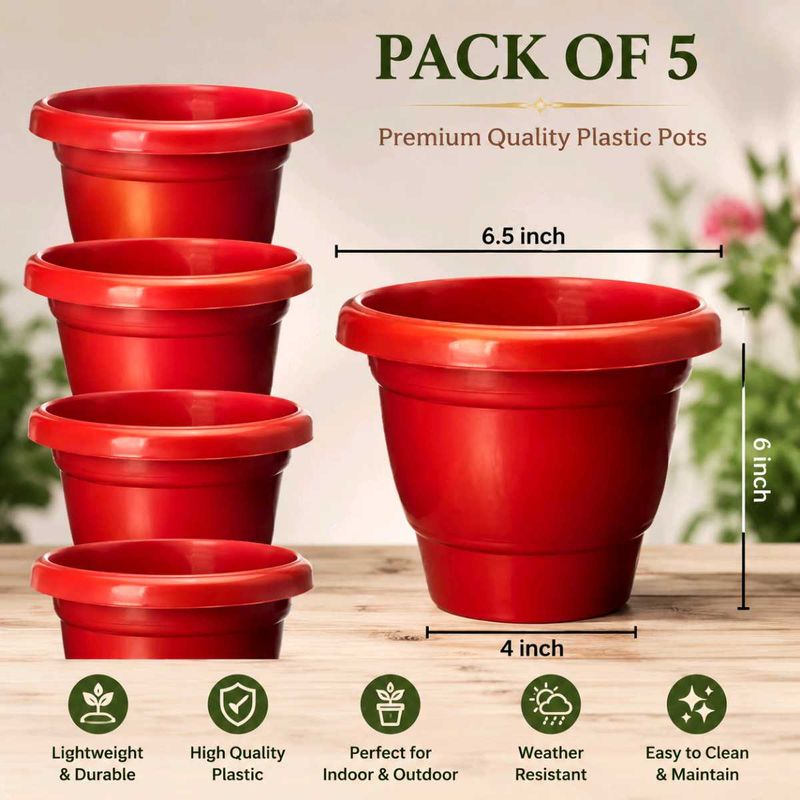 Pack of 5 Red Plastic Plant Pots