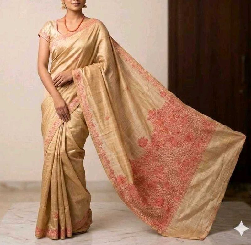 Elegant Golden Saree with Pink Embroidery