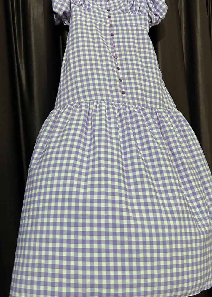 Purple Gingham Tiered Midi Dress