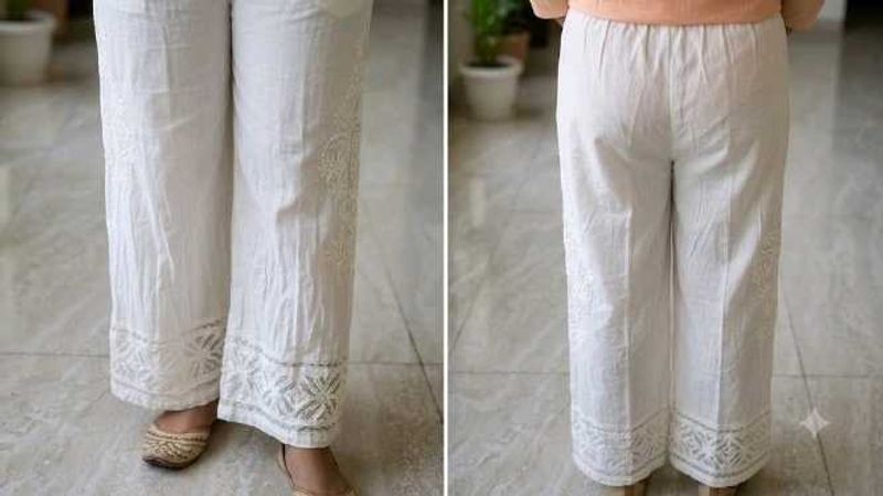 White Cotton Palazzo Pants with Schiffli Lace Work