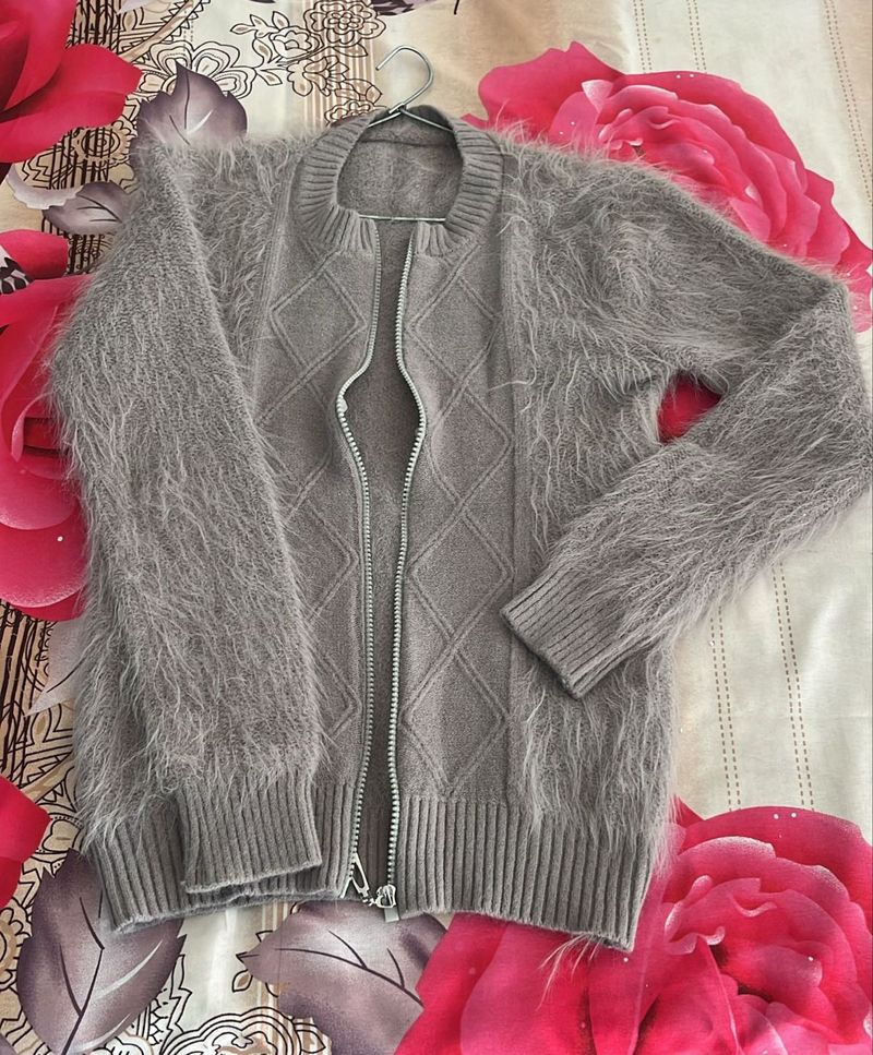 Gray Fuzzy Zip-Up Cardigan