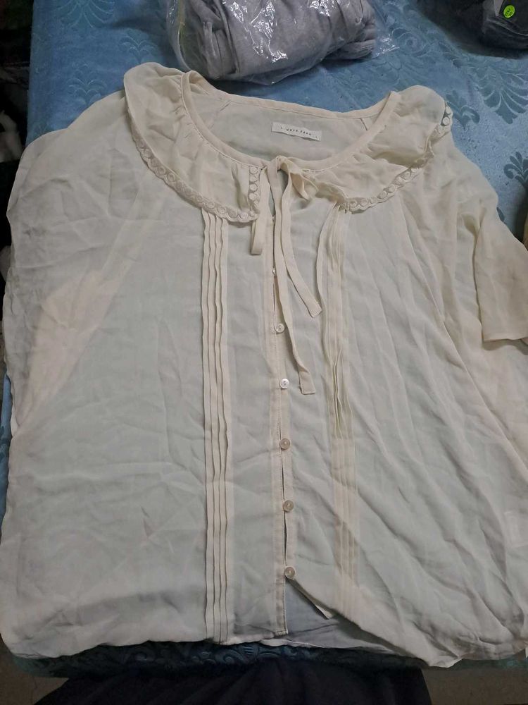 Cream Pleated Peter Pan Collar Top