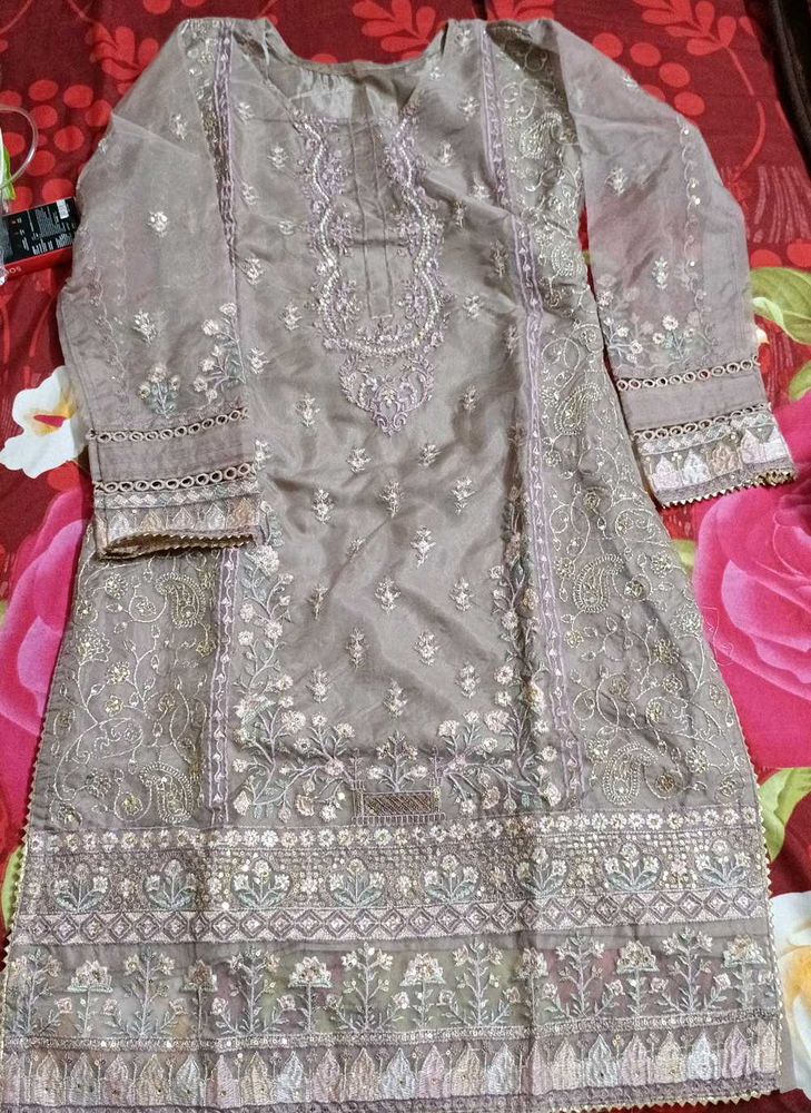 Dusty mauve suit with  embroidery dupatta