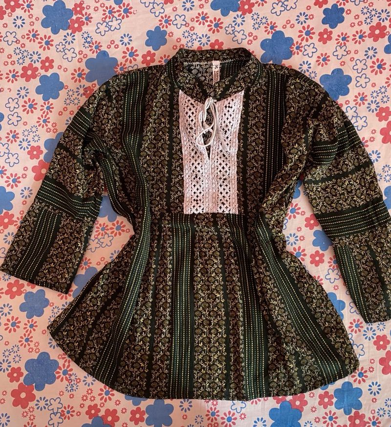 Bohemian Print Kurta with Lace Detail