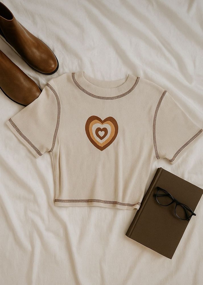 Crop Top Vintage Heart Print Ribbed