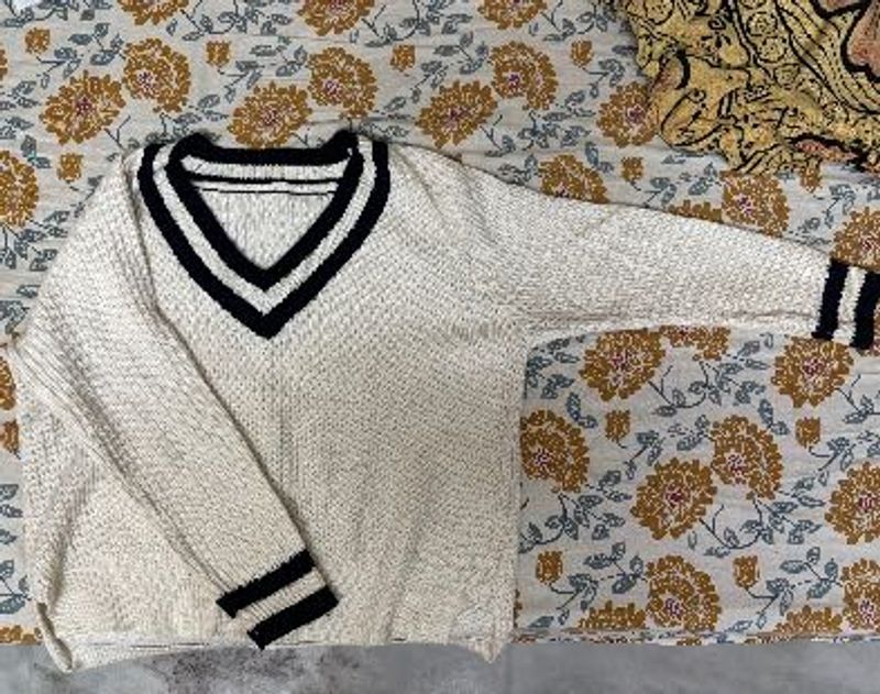 Cream V-Neck Sweater with Black Stripes