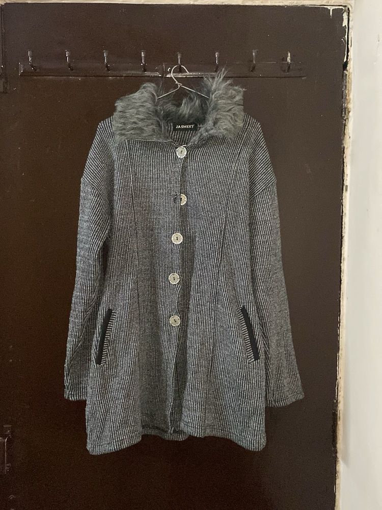 Chic Striped Faux Fur Collar Jacket