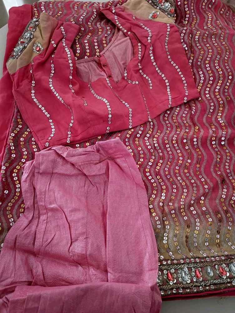 Rose Pink Saree Chiffon With Blouse