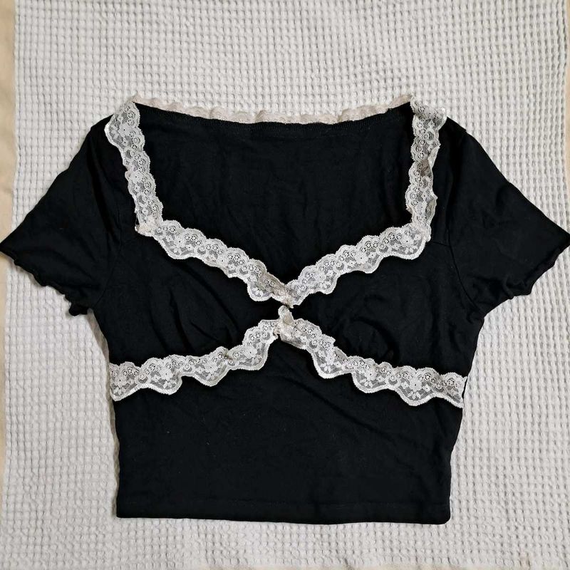 Y2k Vintage Cottagecore Black Lace Trim Crop Top