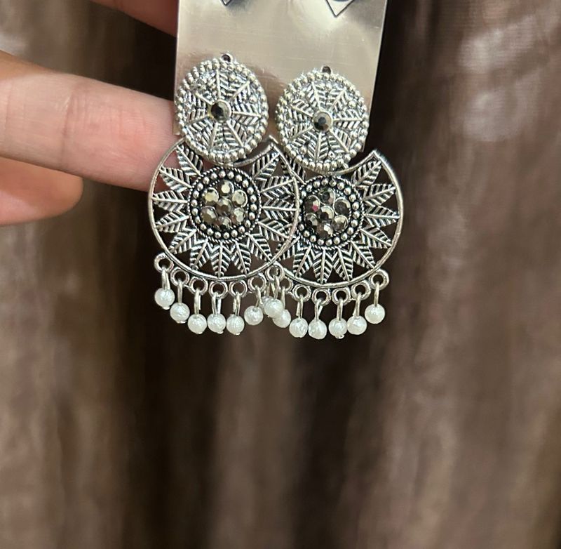 Boho Silver Jhumka Earrings with Pearls