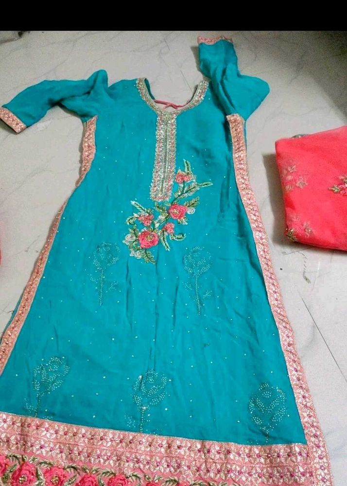 Beautiful Teal Kurta with Pink Embroidery set