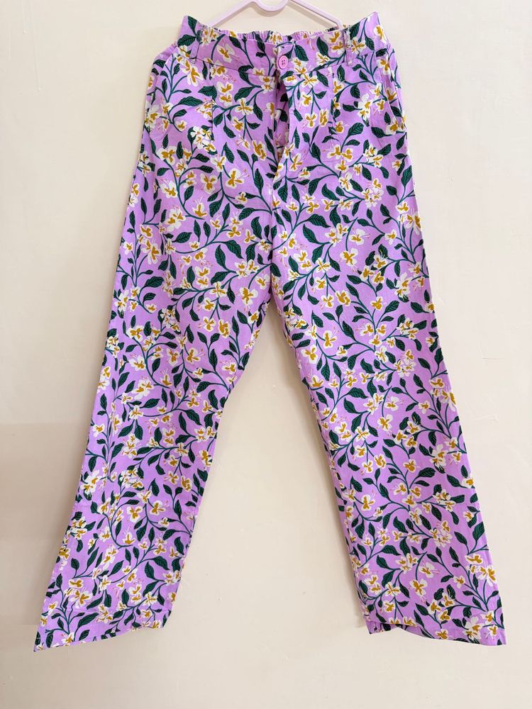 Purple Floral Print Wide Leg Pants