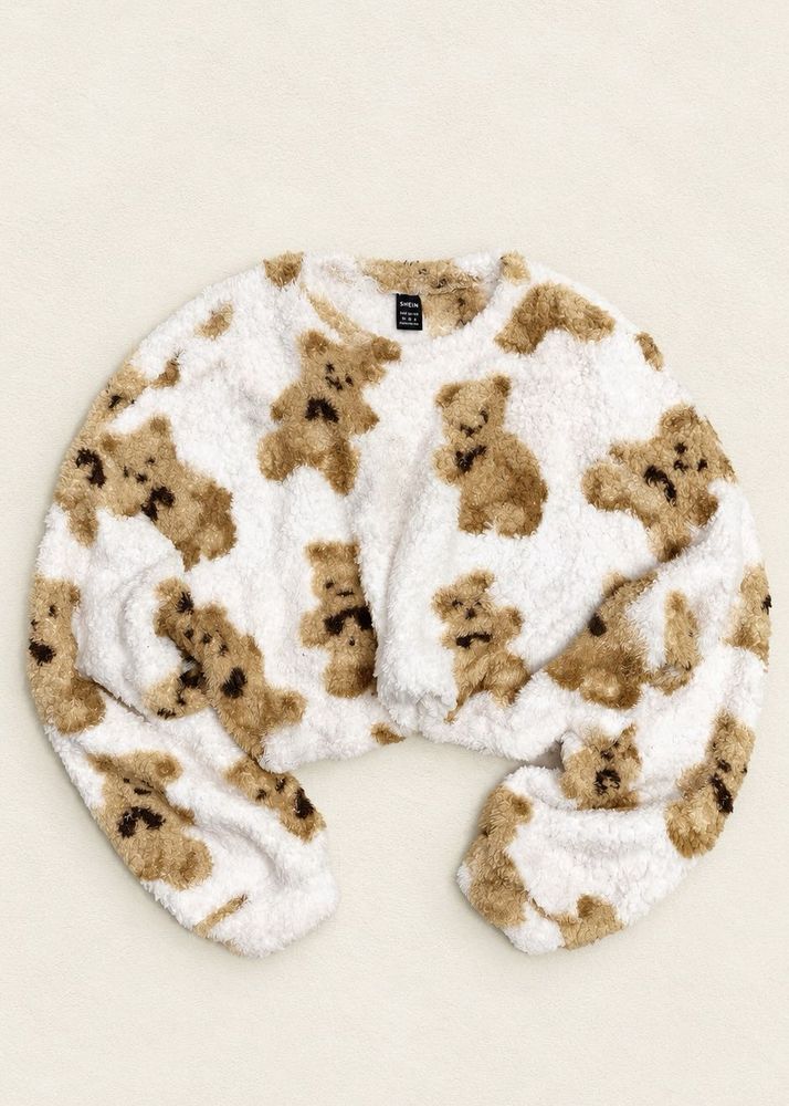 SHEIN Bear Print Plush Fleece Crop Sweatshirt