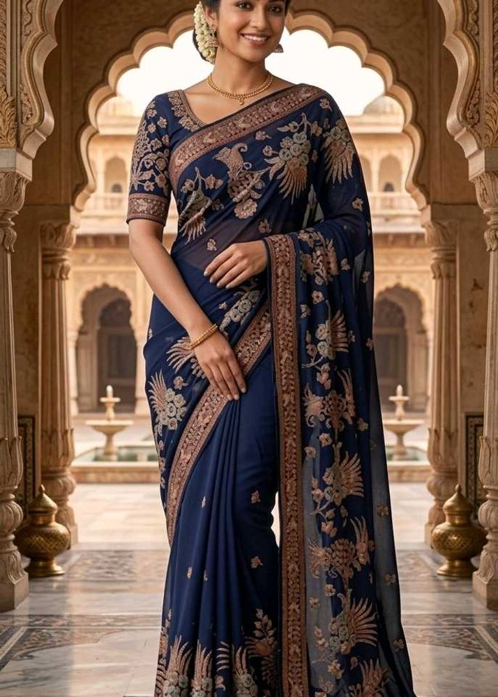 Navy Blue Saree with Embroidered Designer blouse