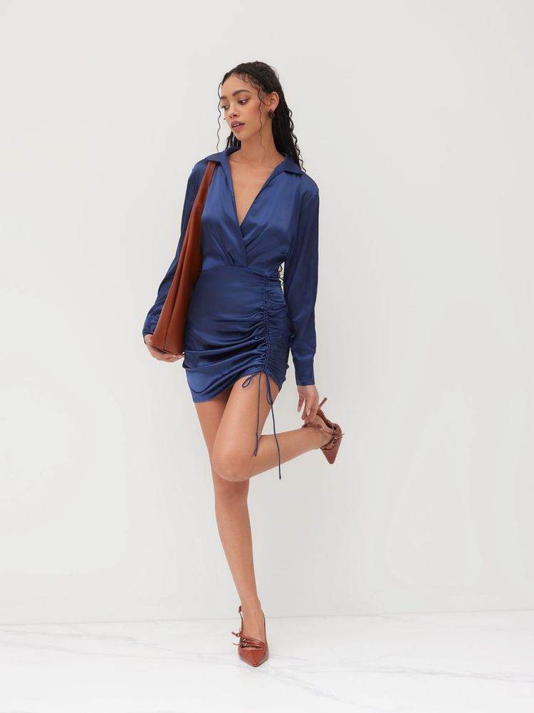 CIDER Navy Satin Ruched Dress