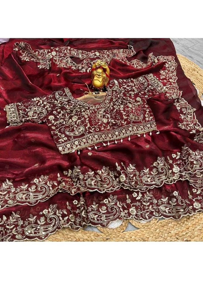 Elegant Embroidered Maroon Saree with Blouse