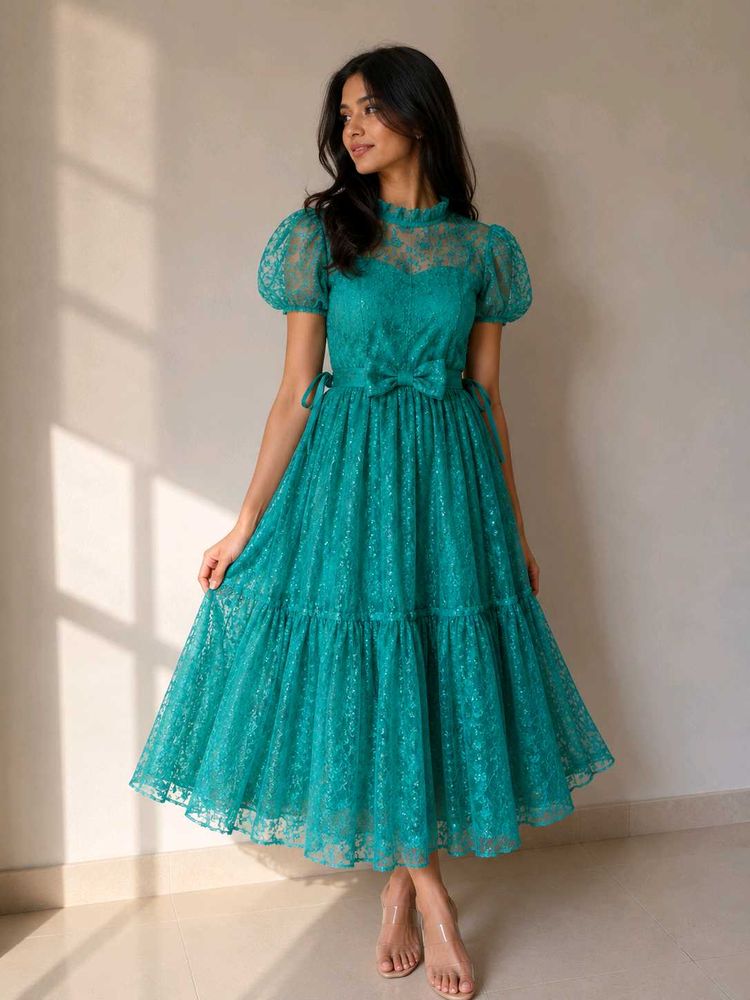 Stunning Teal Lace Tiered Midi Dress