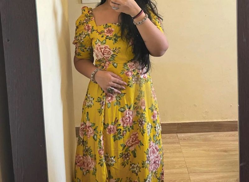 Yellow Floral Maxi Slit Dress