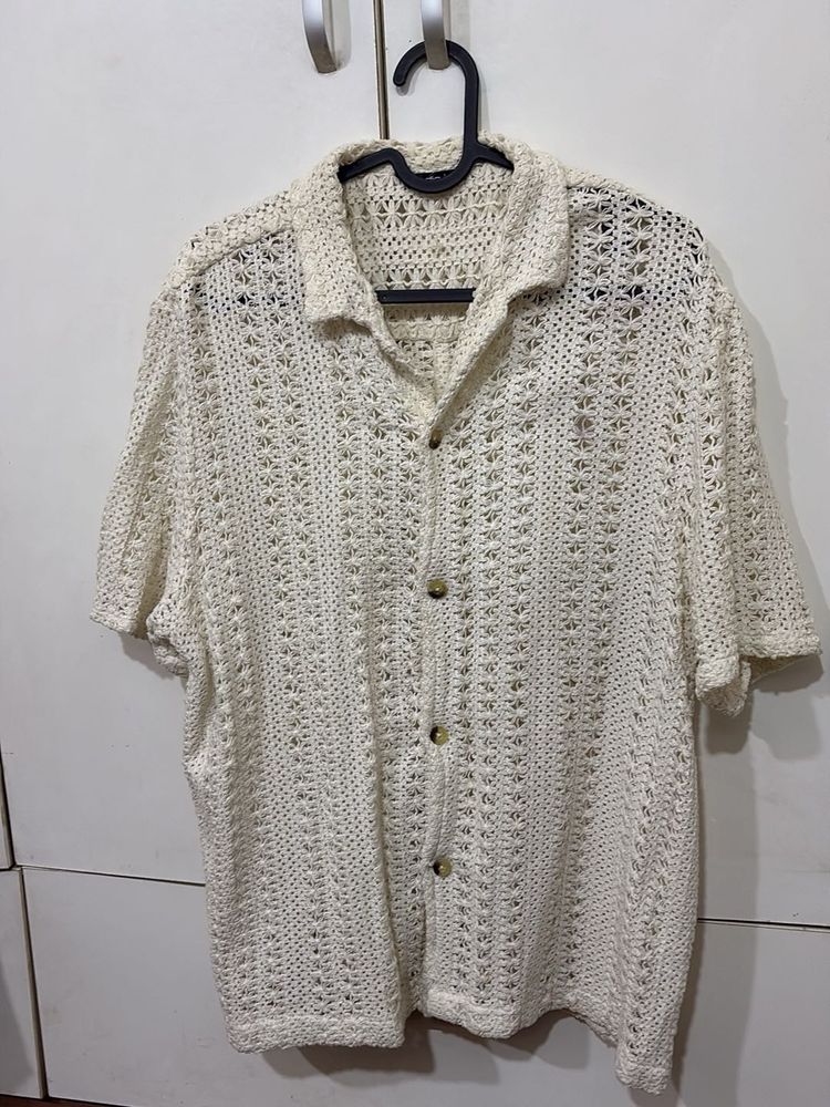 Cream Crochet Button-Up Shirt