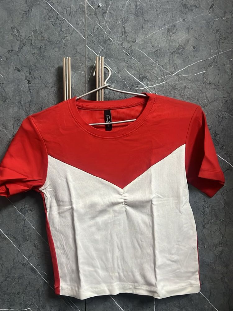 Red and White Colorblock T-Shirt