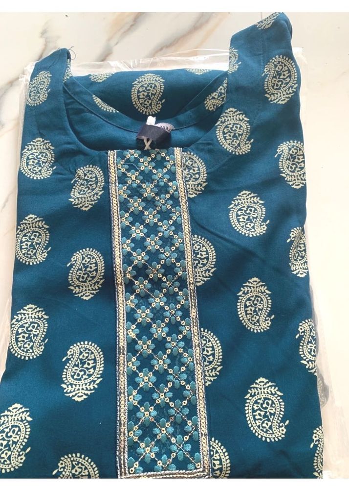 Teal Paisley Print Kurta with pocket