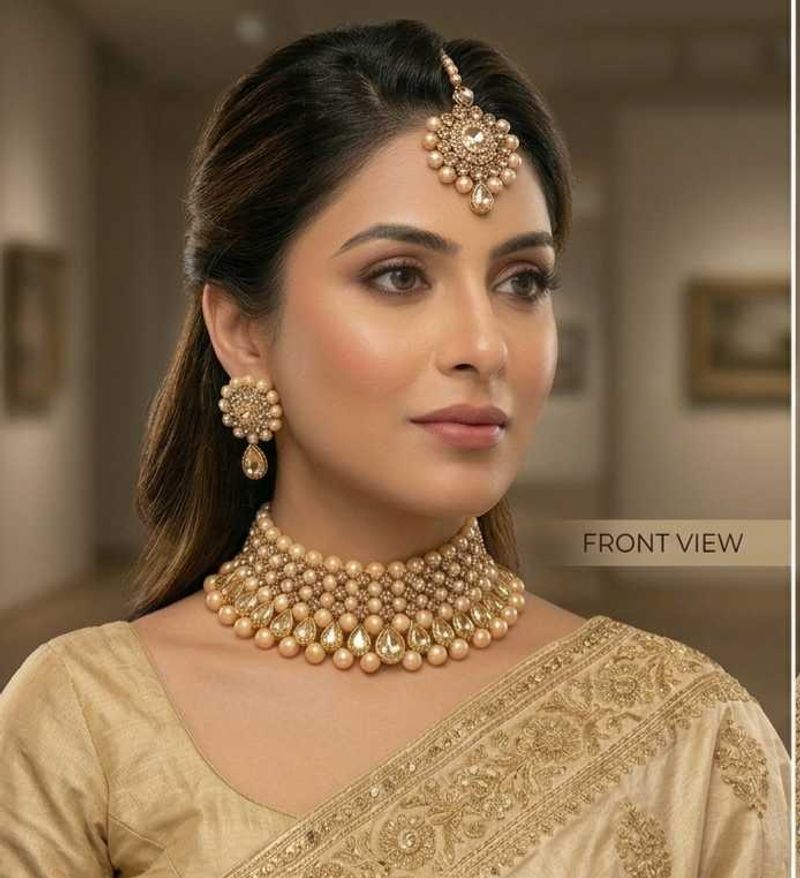 Royal Champagne Gold Pearl Choker Jewellery Set