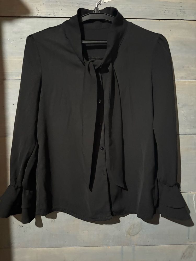 Elegant Black Tie Neck Blouse
