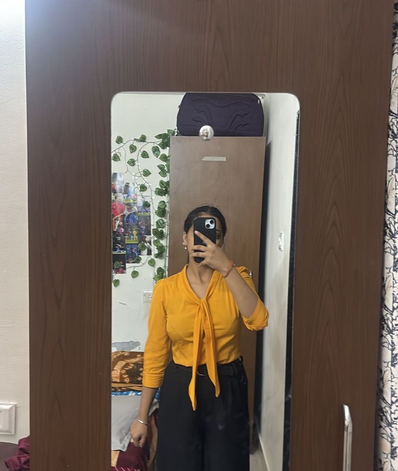 Mustard Yellow Tie Neck Blouse