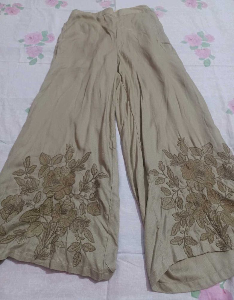 Embroidered Wide-Leg Linen Pants
