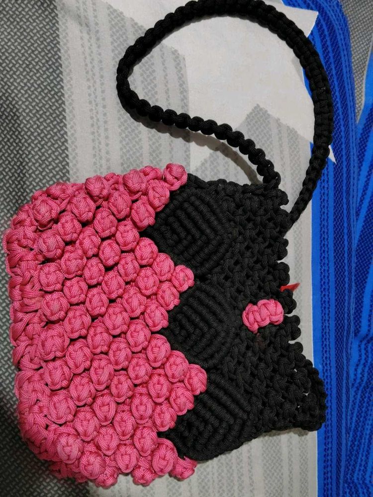 Handmade Macrame Pink &amp; Black Bag
