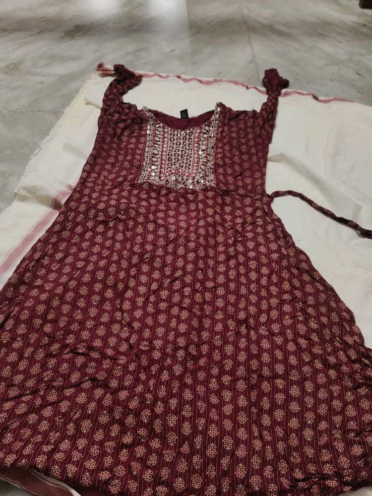 Maroon Printed Kurta with Embellished Neckline