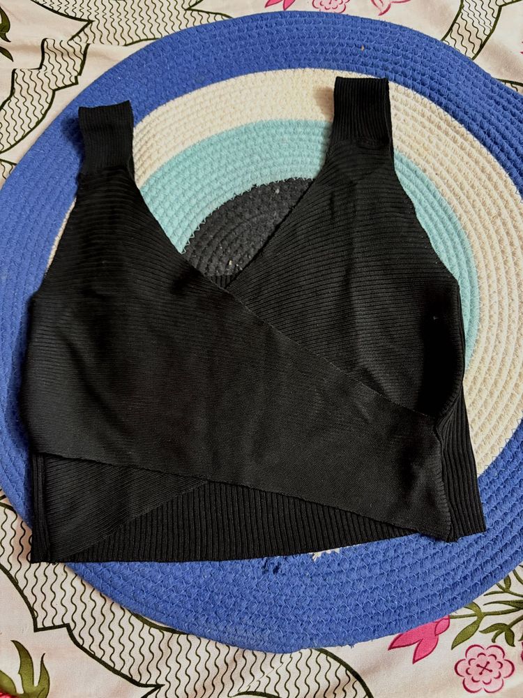 Black Ribbed Wrap Crop Top