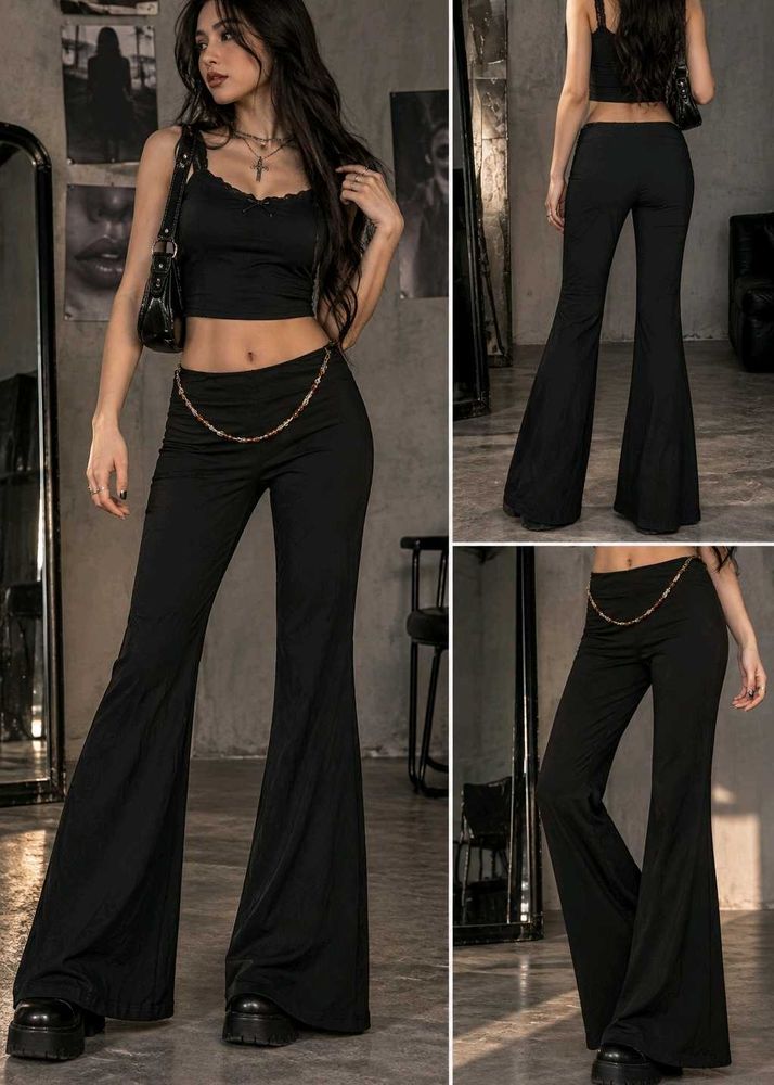 Black Flared Pants with Chain Detail