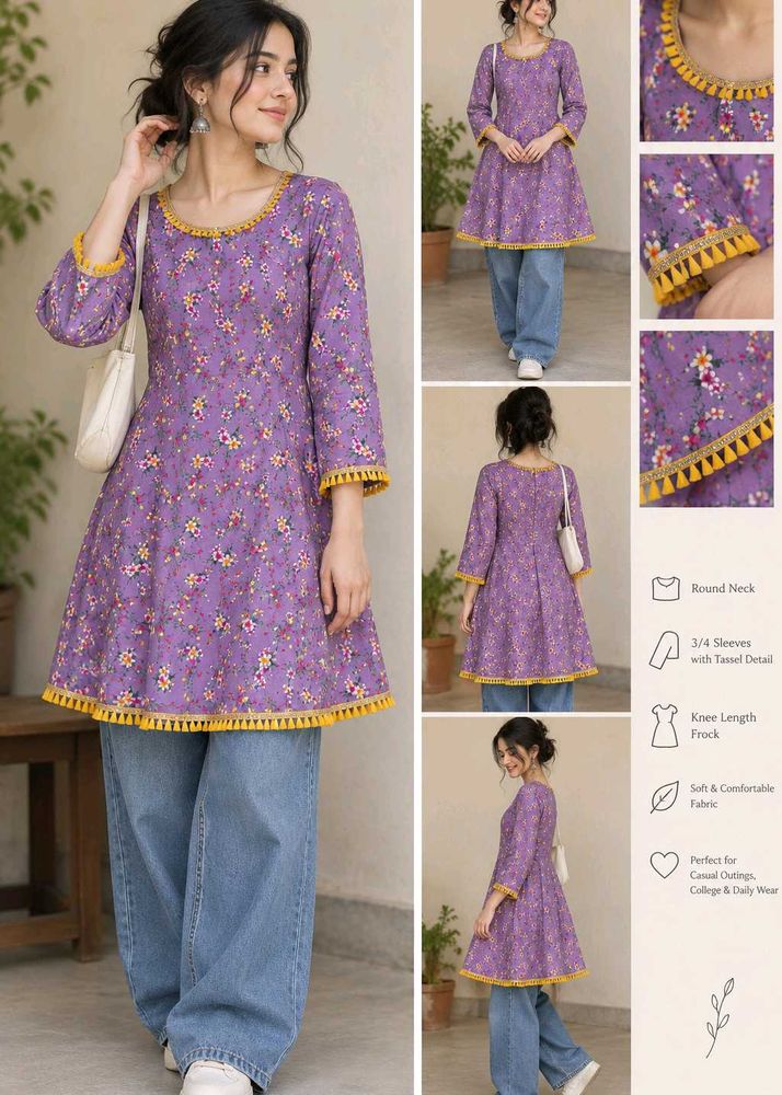 Purple Floral Print Kurta with Tassel Detail