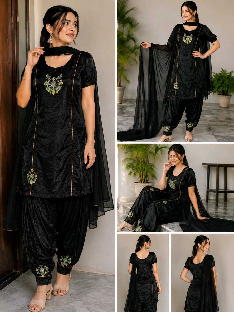 Women’s Black Velvet Look Embroidered Patiala Salw