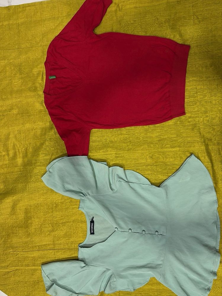 Chic Red Sweater &amp; Teal Peplum Top Bundle