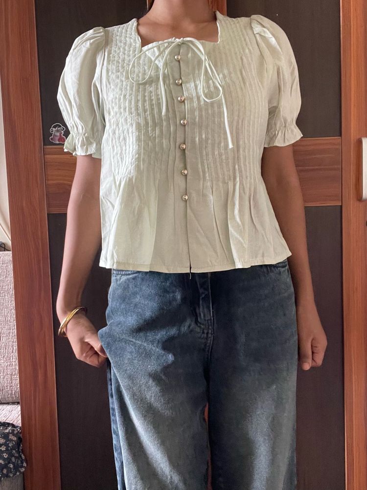 Light Green Puff Sleeve Blouse