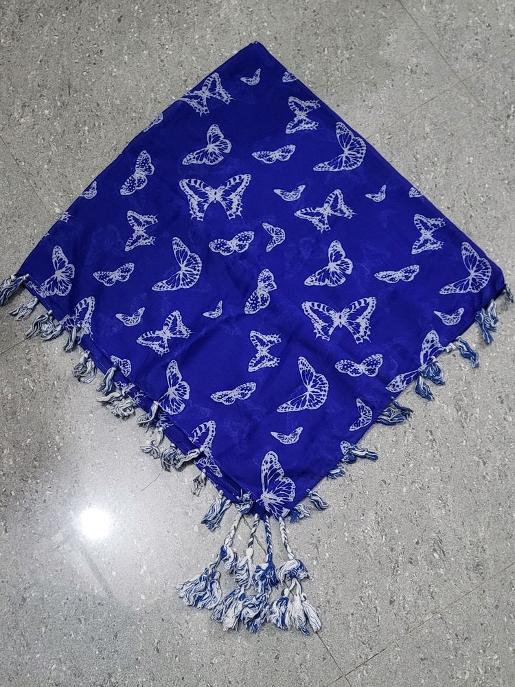 Blue Printed Square Scarf With Attached Pompoms