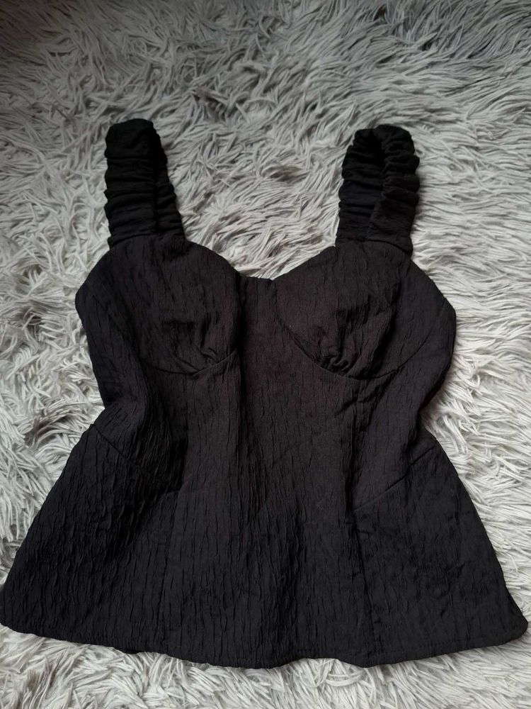 Chic Black Textured Peplum Top