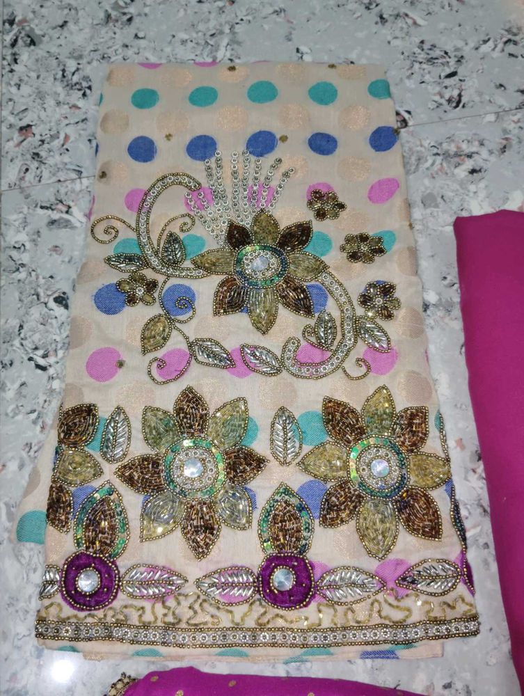 Embellished Cream Kurta Set with Pink